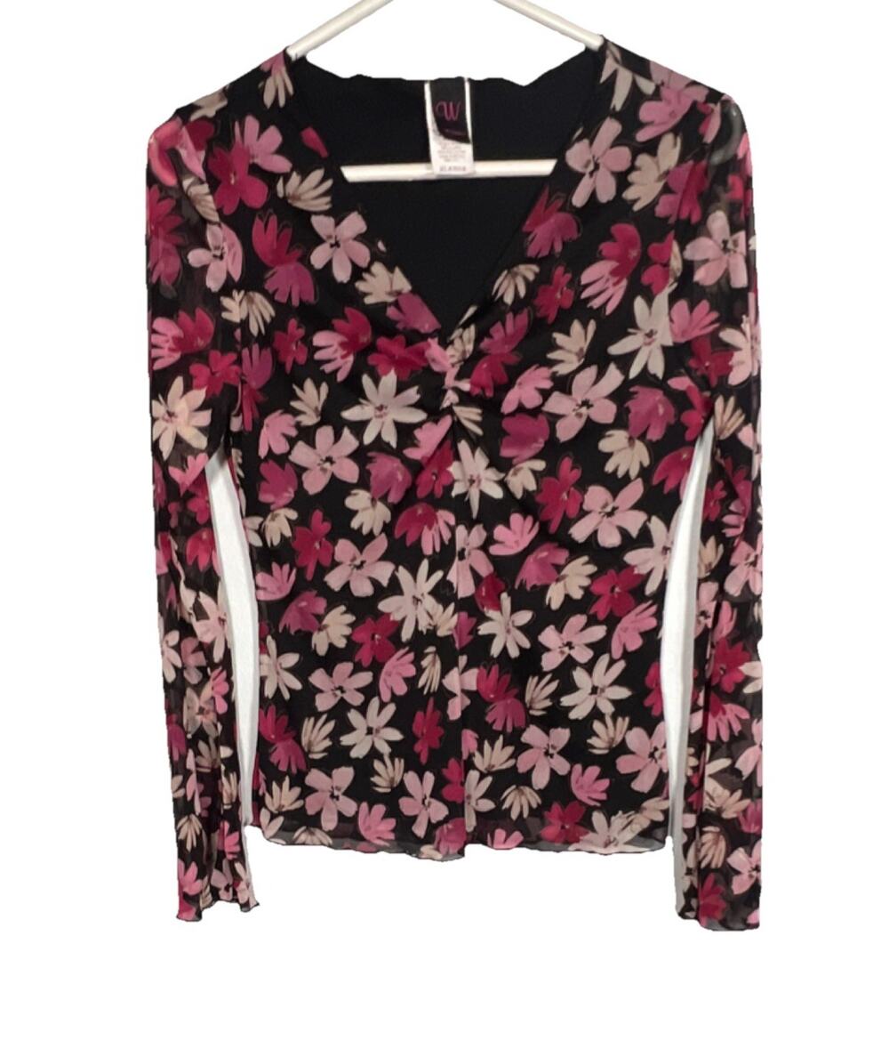 Vintage Wrapper Floral Twist Front Top Sz XL Black Pink Sheer Y2K Boho Romantic